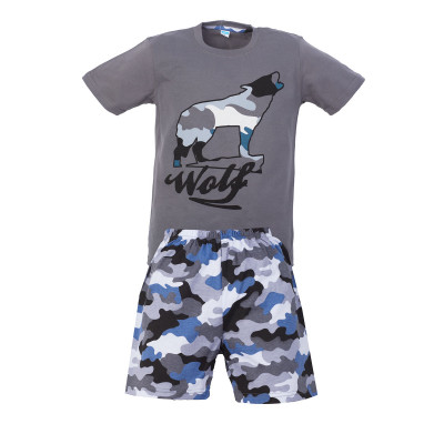 Серая футболка и шорты милитари с волком